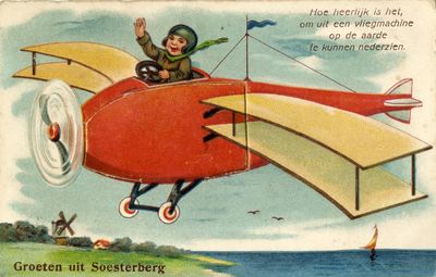 14588 Fantasiekaart met als voorstelling:Een getekend vliegtuig in felle kleuren met een landschap en een watervlakte; ...